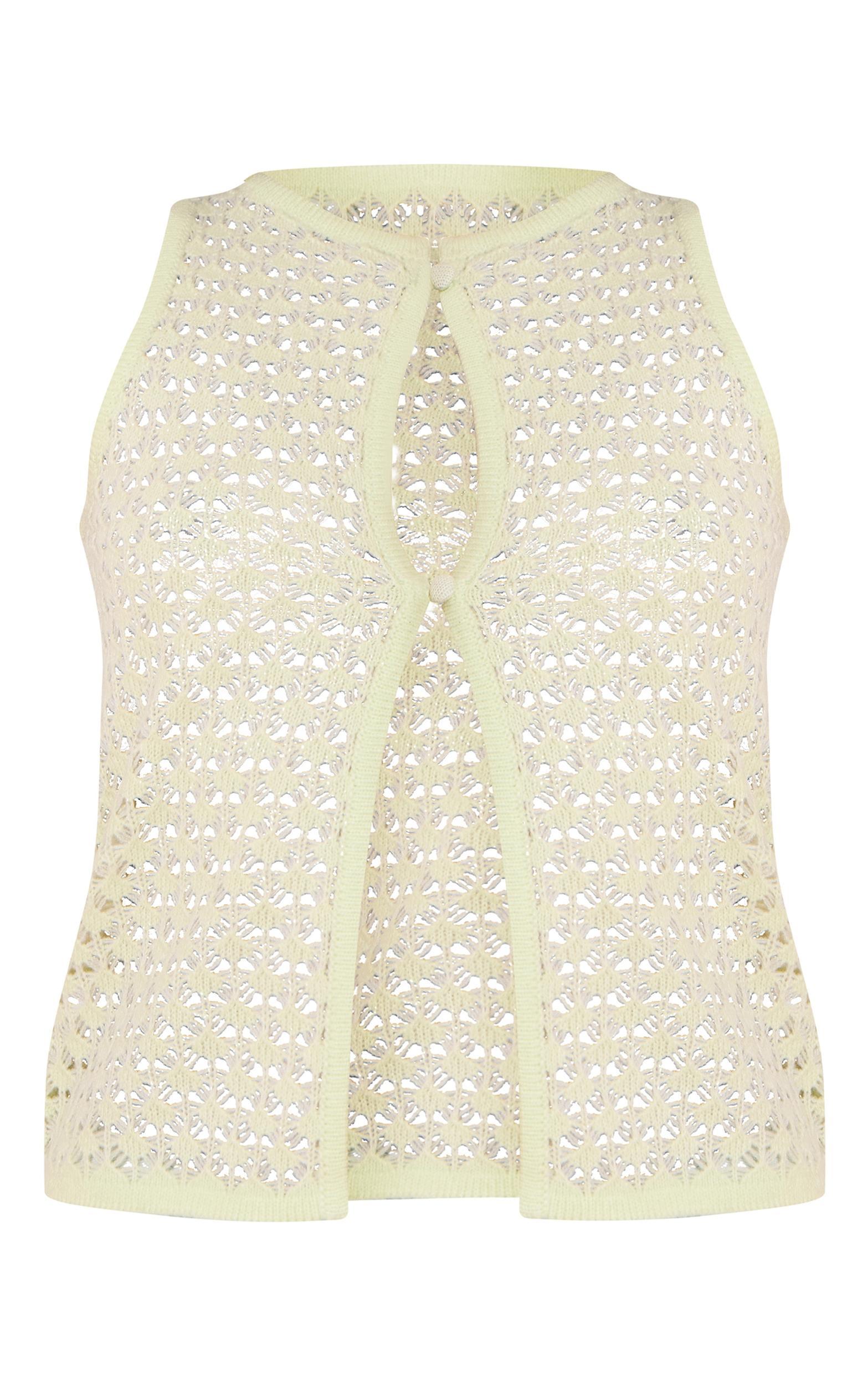  Lime Crochet Knit Cut Out Pearled Button Vest Top Product Image