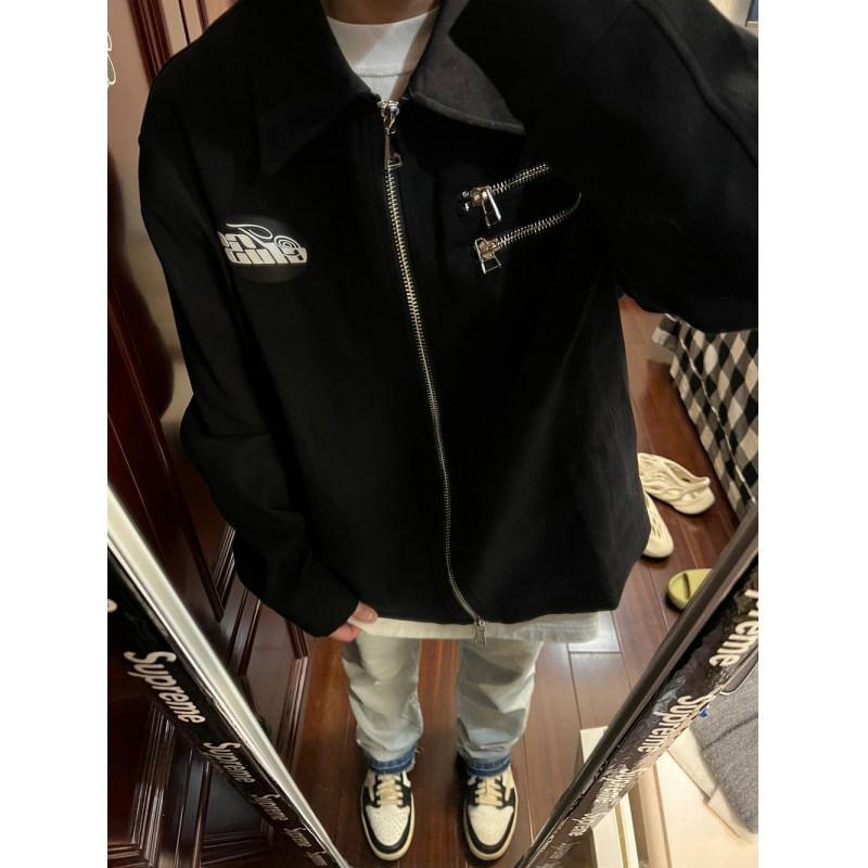 Collared Lettering Applique Zip Jacket Product Image