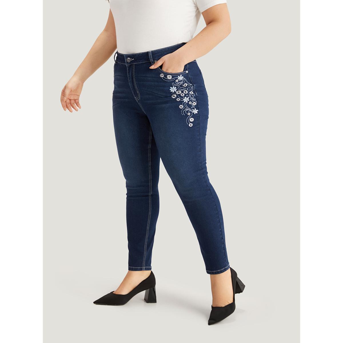 Plus Size Floral Embroidered High Rise Skinny Jeans Women DarkBlue Casual Natural Flowers Zipper High stretch Pocket Jeans BloomChic 14/1X Product Image