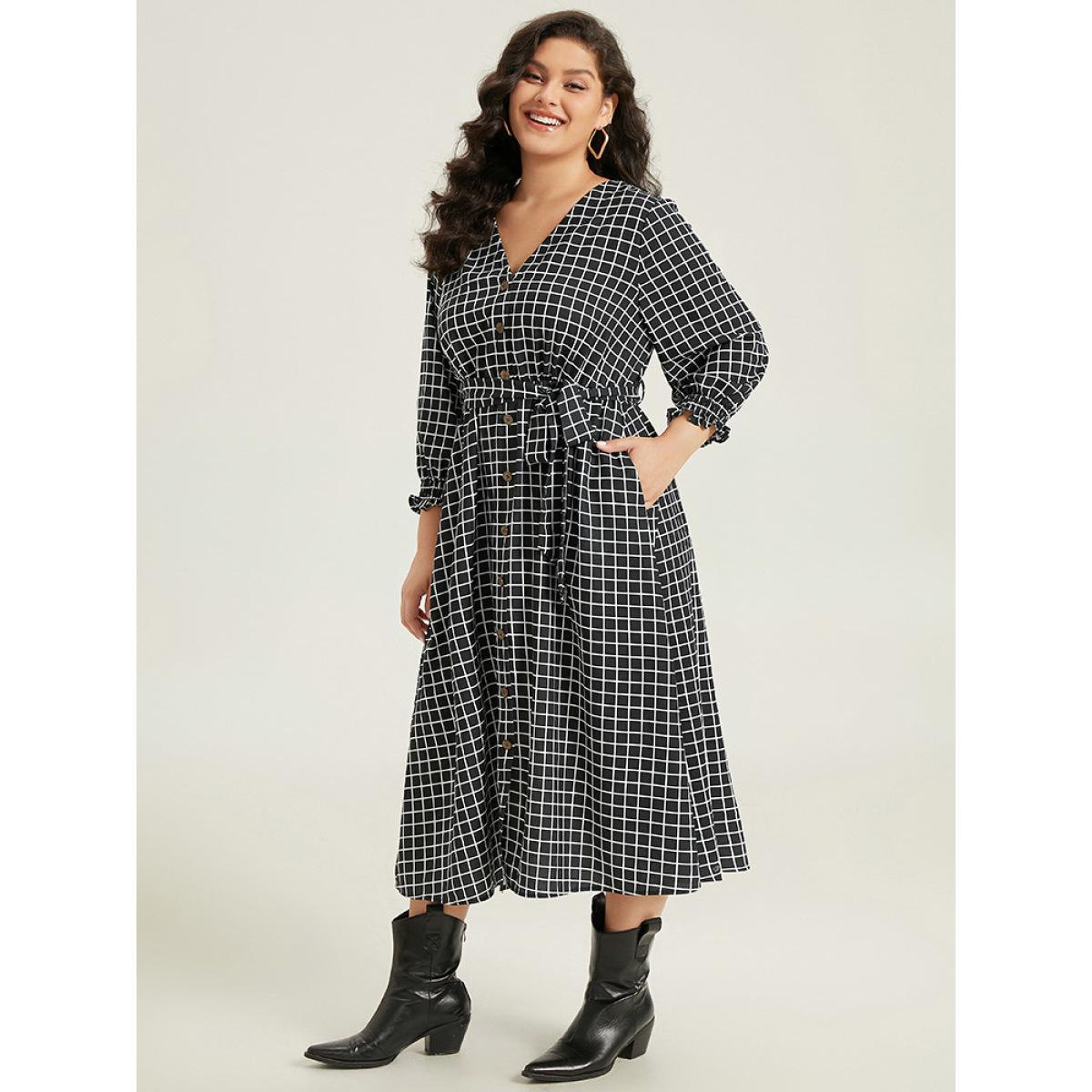 Plus Size Gingham Button Detail Pocket Lantern Sleeve Dress Black Women At the Office Belted V-neck Long Sleeve Curvy Midi Dress BloomChic 14-16/1X Product Image