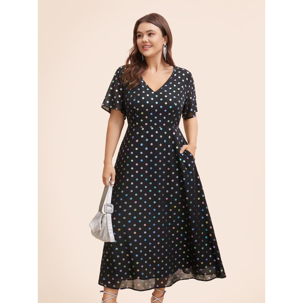 Plus Size V Neck Polka Dot Glitter Ruffle Sleeve Dress Black Women Cocktail Texture V-neck Short sleeve Curvy BloomChic 22-24/3X Product Image