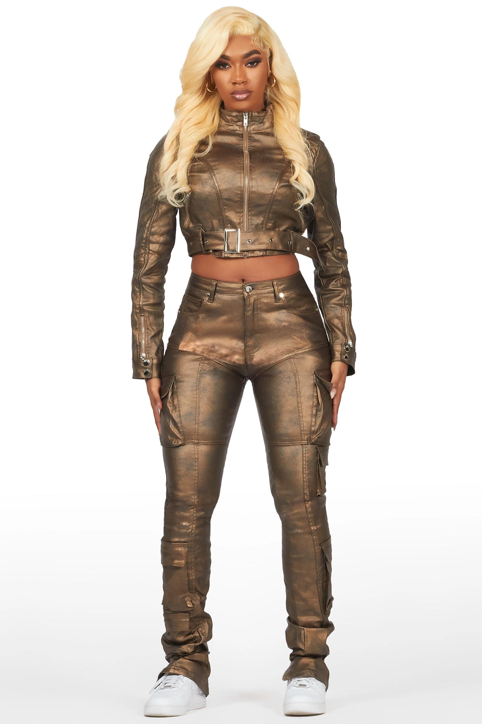 Teeoina Gold Coated Black Faux Leather Moto Jacket Female Product Image