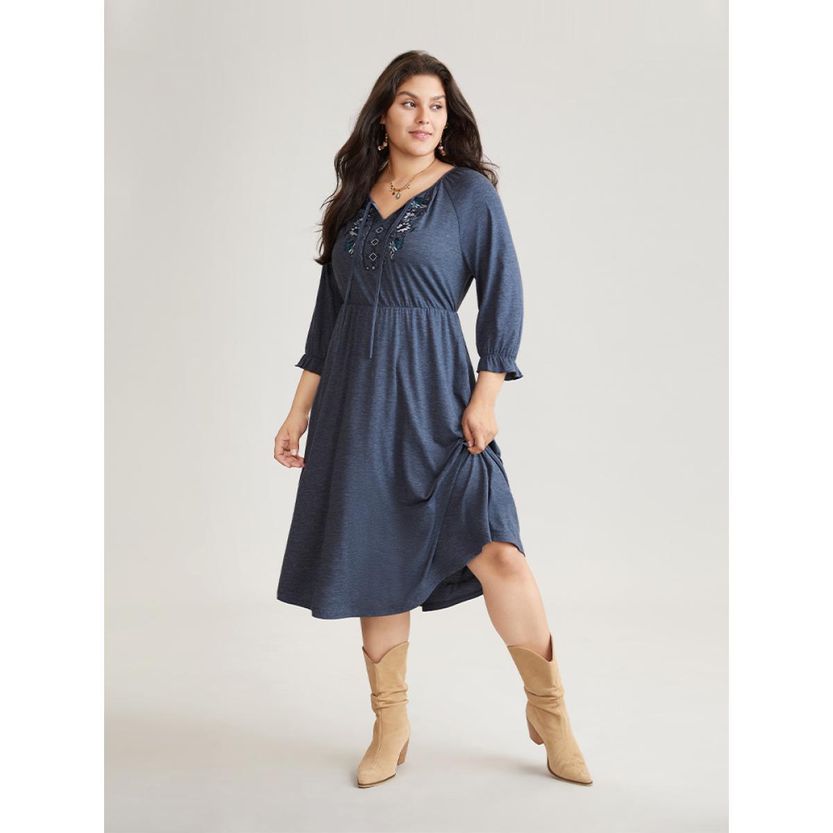 Plus Size Floral Embroidered Knot Neck Lantern Sleeve Dress DarkBlue Women Vacation Plain Tie Neck Elbow-length sleeve Curvy Midi Dress BloomChic 26/4X Product Image