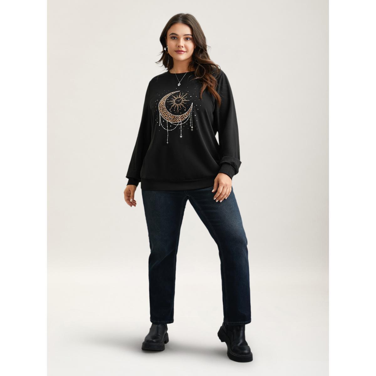 Plus Size Crew Neck Celestial Print Stretch Sweatshirt Women Black Casual Non Round Neck Everyday Sweatshirts BloomChic 22-24/3X Product Image