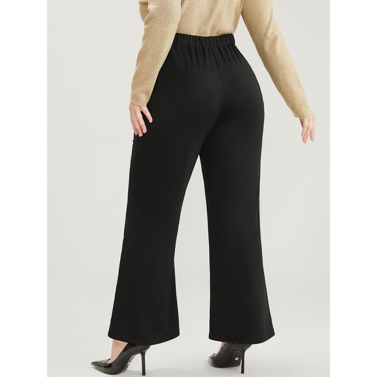 Plus Size Floral Embroidered Pocket Elastic Waist Bootcut Pants Women Black Elegant Bootcut Mid Rise Dailywear Pants BloomChic 22-24/3X Product Image