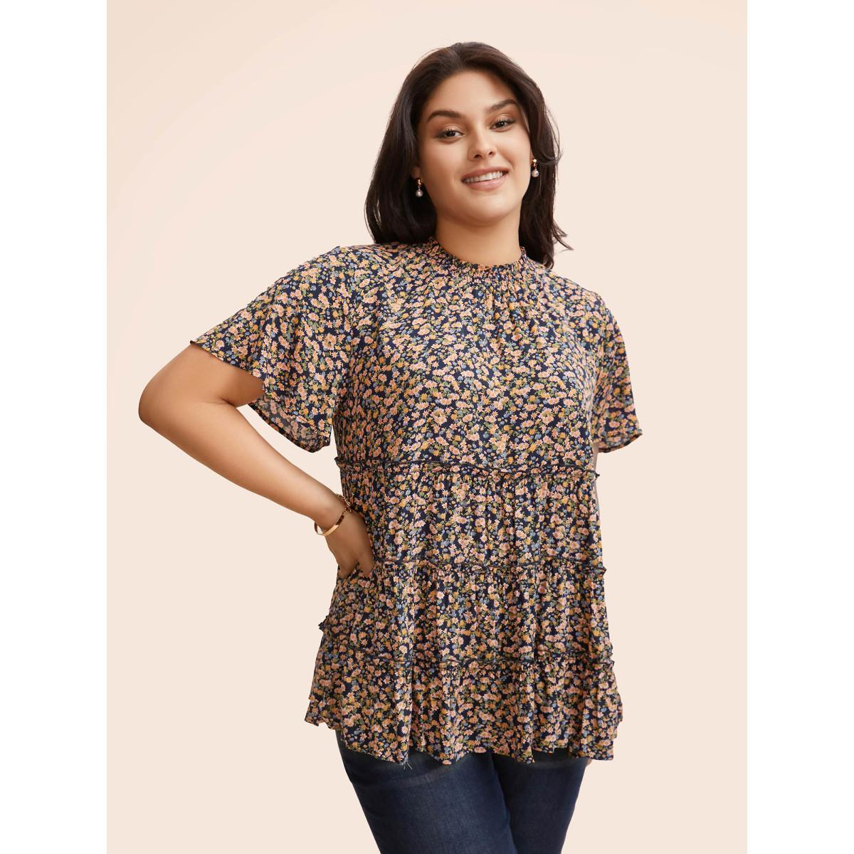 Plus Size Indigo Ditsy Floral Frill Trim Shirred Mock Neck Blouse Women Elegant Short sleeve Halter neck Dailywear Blouses BloomChic 30/6X Product Image