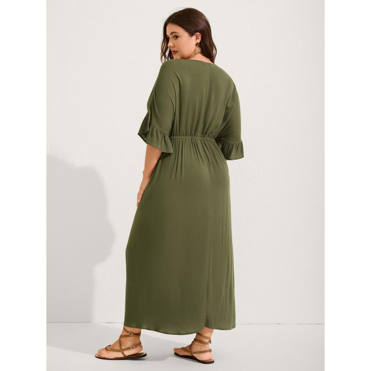 Plus Size Waist-Defining Tie Ruffled Sleeve Midi Dress ArmyGreen Women V-neck Half Sleeve Curvy BloomChic 18-20/2X Product Image