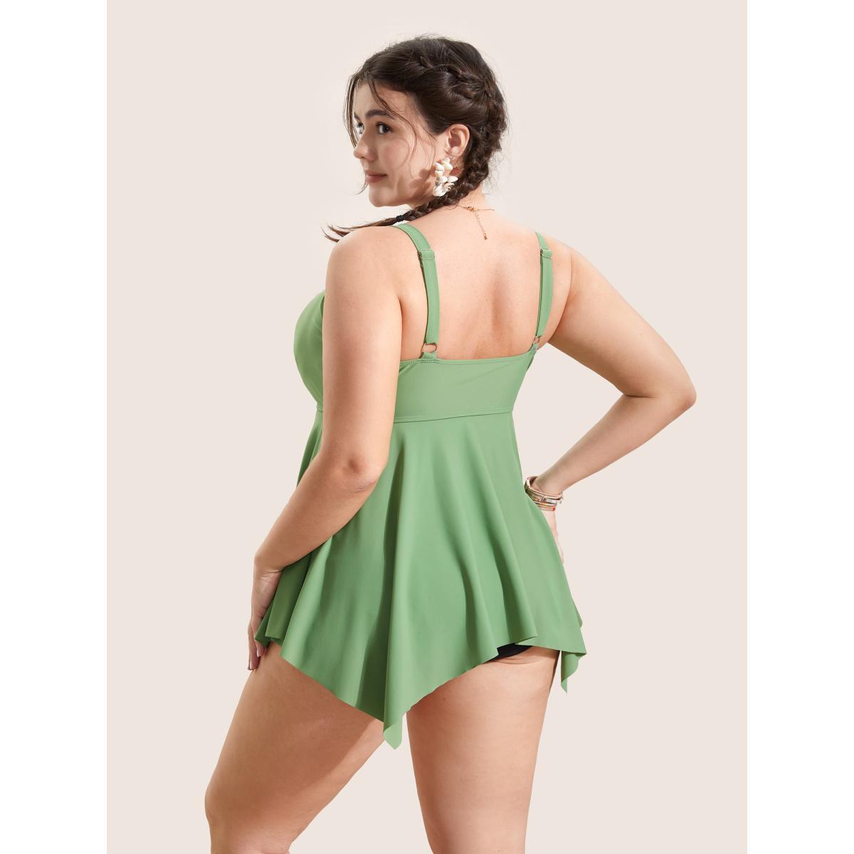 Plus Size Plain Drawstring Ruched Adjustable Straps Swim Top Women's Swimwear Moss Beach Drawstring High stretch Bodycon Heart neckline Curve Swim Tops BloomChic 30/6X Product Image