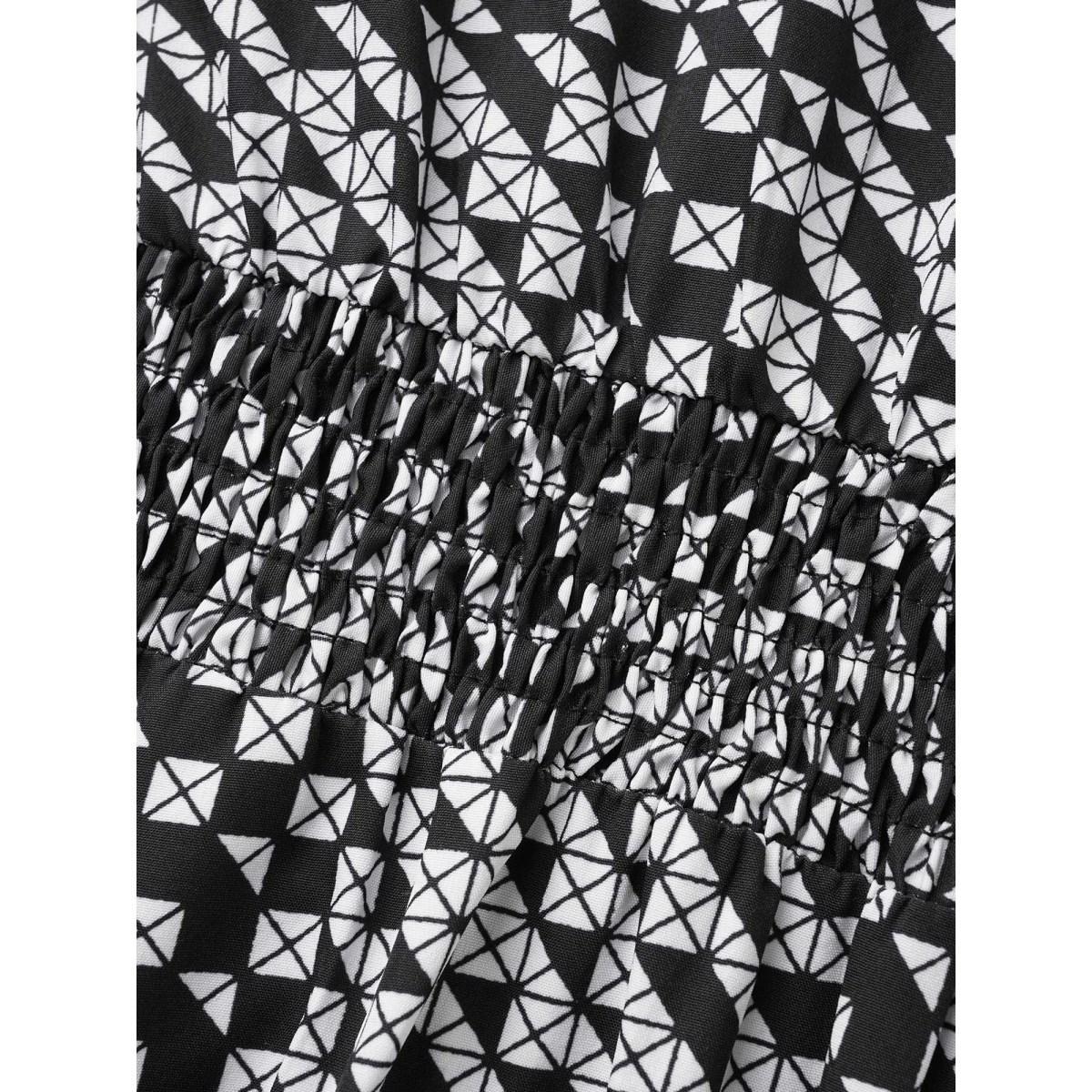 Plus Size Geometric Notched Lantern Sleeve Midi Dress BlackFlower Women At the Office Shirred Flat collar with V-notch Long Sleeve Curvy BloomChic 12/L Product Image
