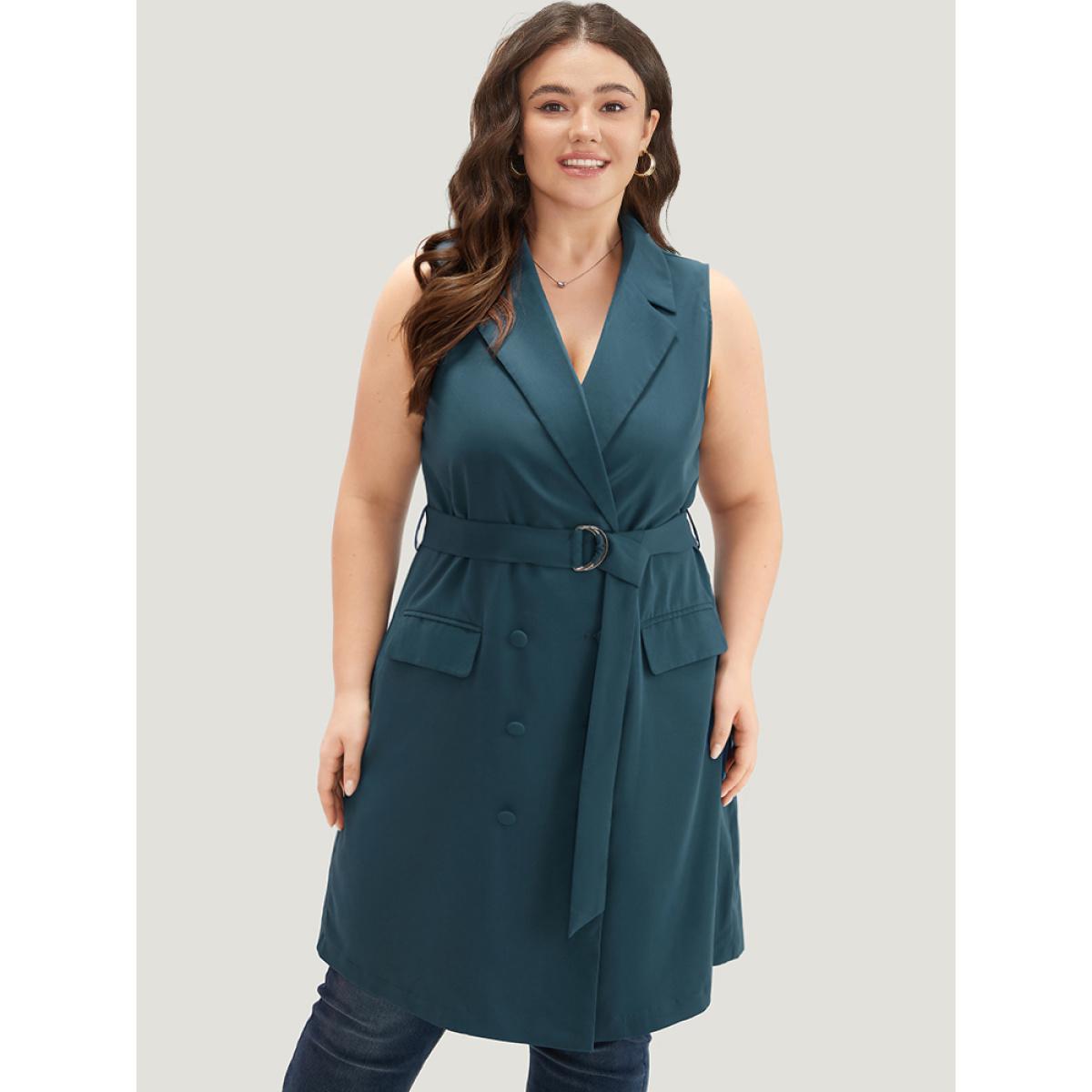 Plus Size Plain Belted Lapel Collar Sleeveless Blazer Aegean Women Work Plain Plain Sleeveless Sleeveless Lapel Collar 14-16/1X Pocket Belt Office Blazers BloomChic Product Image