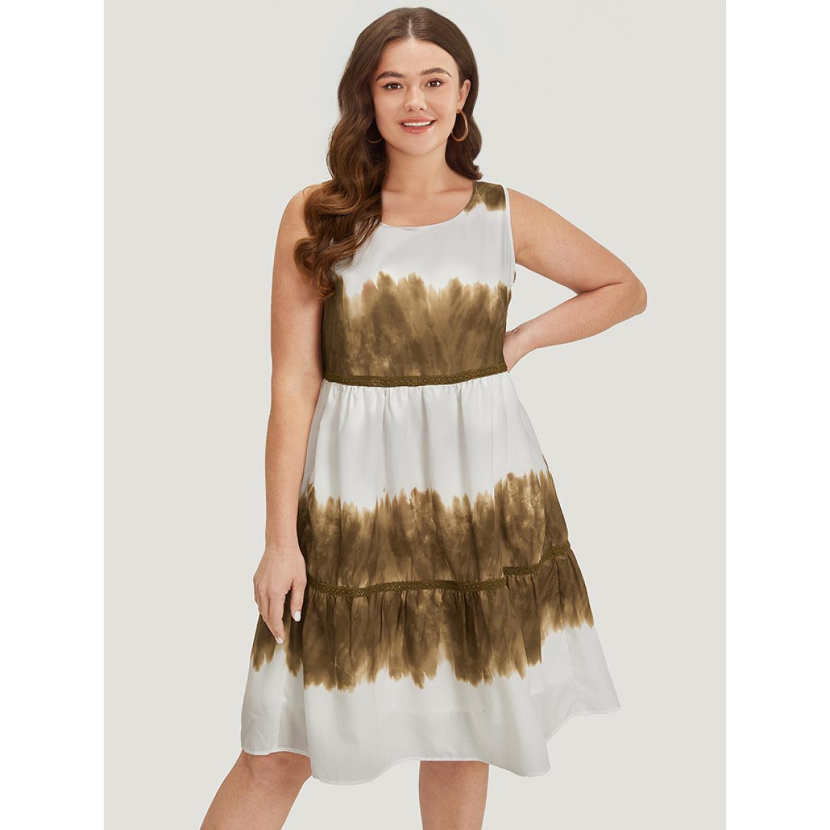 Plus Size Tie Dye Crochet Lace Ruffle Layered Hem Tank Dress Tan Women Elegant Patchwork Round Neck Sleeveless Curvy Knee Dress BloomChic 10/M Product Image