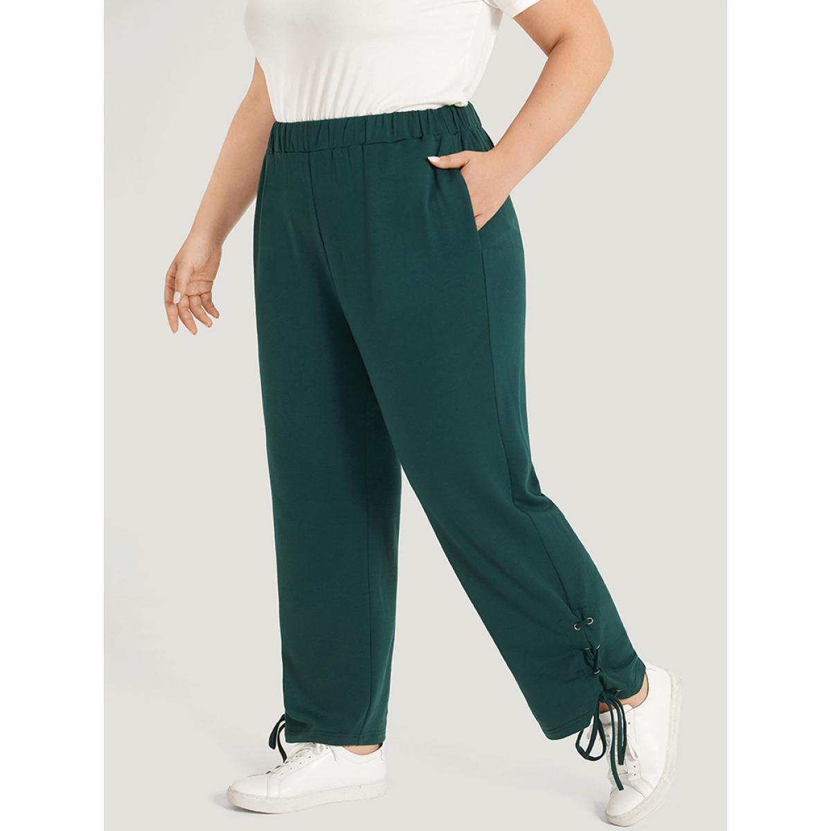 Plain Pocket Elastic Waist Lace Up Side Sweatpants Emerald Plus Size Women Casual Dailywear Plain 14-16/1X Bloomchic Product Image