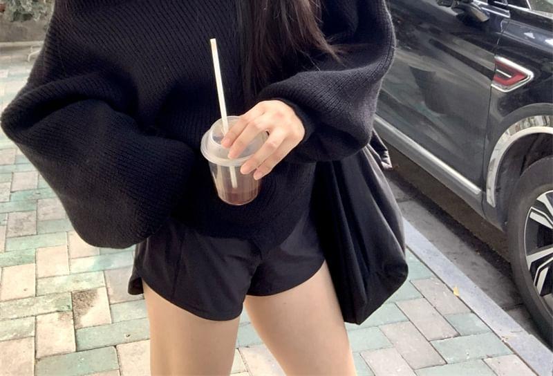 Off Shoulder Plain Ribbed Knit Oversized Sweater Product Image