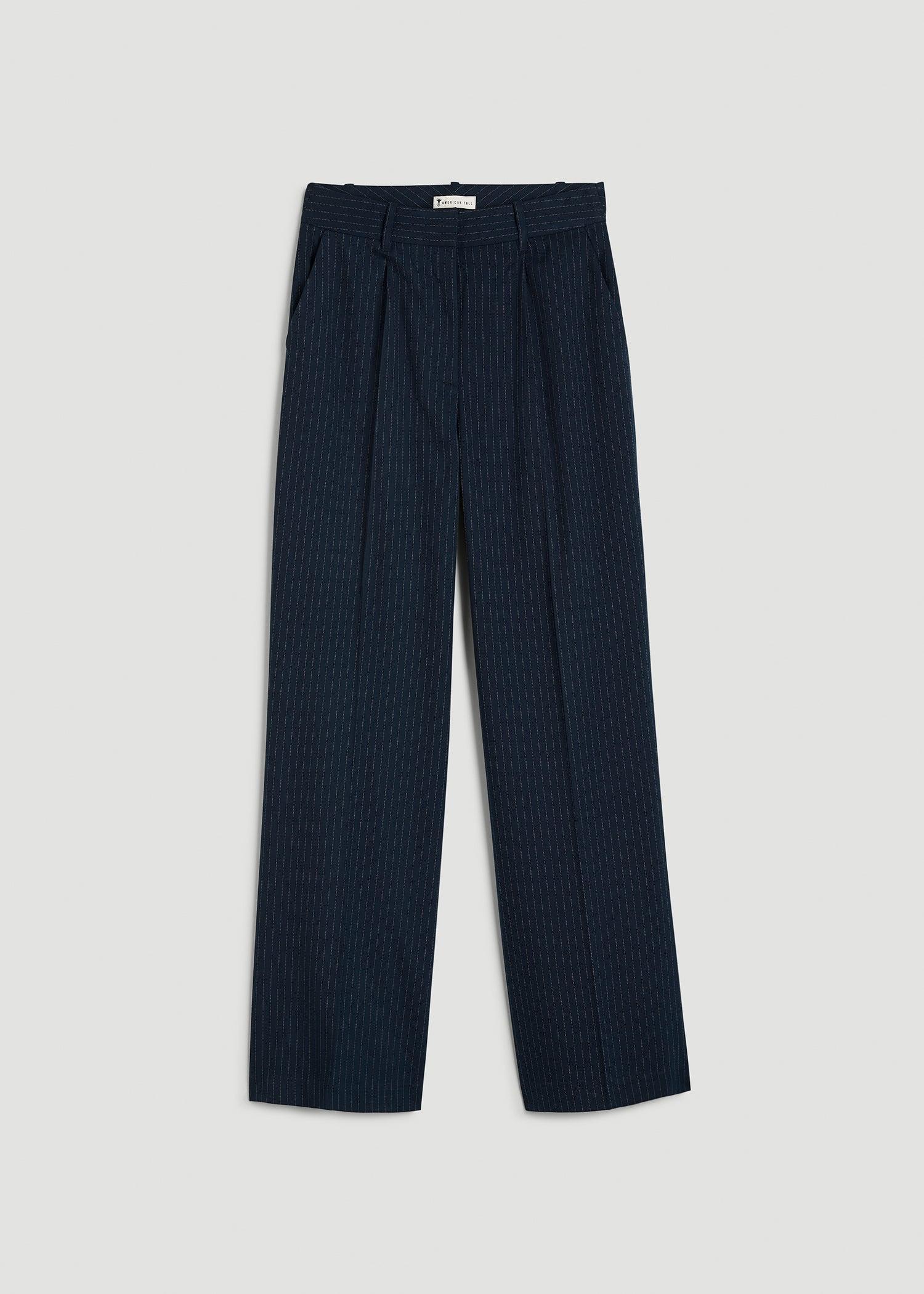 High-Rise Wide-Leg Pleated Dress Pants for Tall Women in Navy Pinstripe Product Image