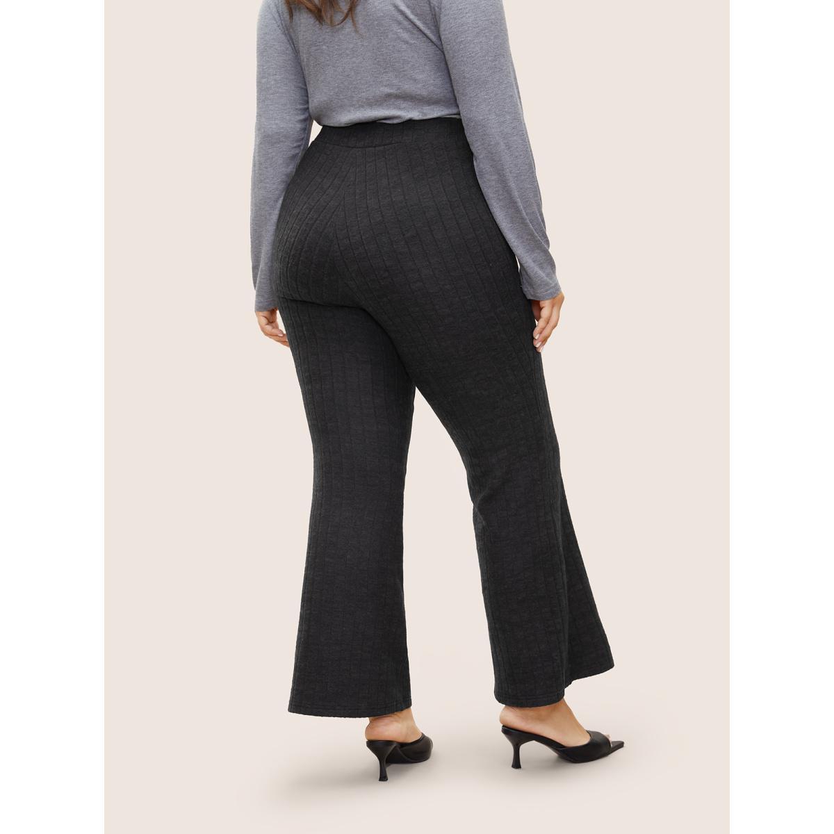 Plus Size Rib Knit Texture Elastic Waist Flare Leg Pants Women Black Work From Home Flare Leg High Rise Work Pants BloomChic 22-24/3X Product Image