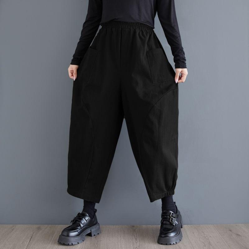 Elastic Waist Plain Cropped Baggy Pants Product Image