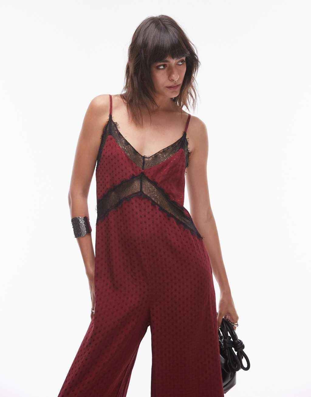 Topshop midi jacquard jumpsuit in burgundy with black lace bust Product Image