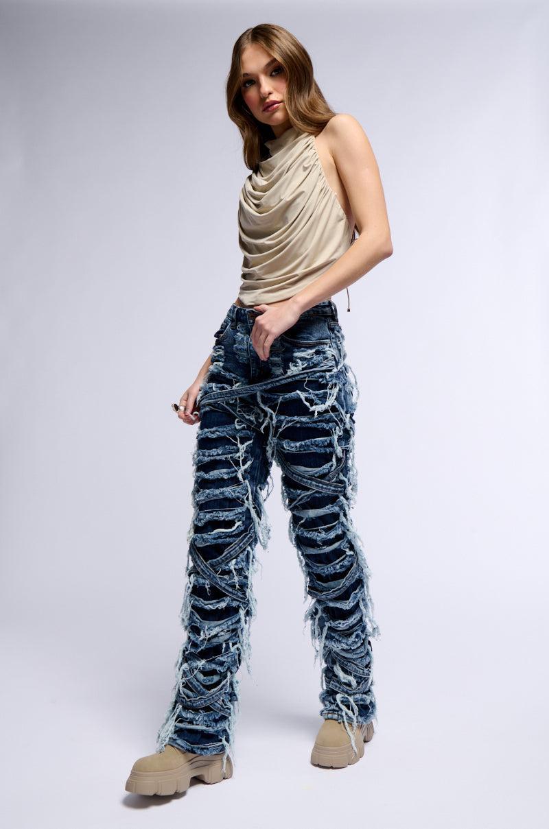 IMANI SUPER DISTRESSED RELAXED FIT JEANS IN DARK BLUE Product Image