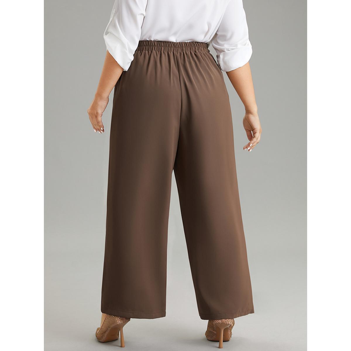 Plus Size Static-Free Button Detail Seam Detail Elastic Waist Pants Women Tan At the Office Wide Leg High Rise Work Pants BloomChic 22-24/3X Product Image