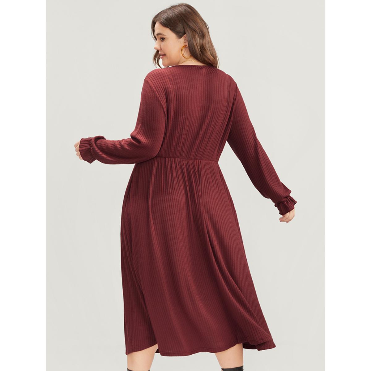 Plus Size Solid Lantern Sleeve Tie Neck Pocket Rib Knit Dress Burgundy Women Casual Pocket V-neck Long Sleeve Curvy Midi Dress BloomChic 10/M Product Image