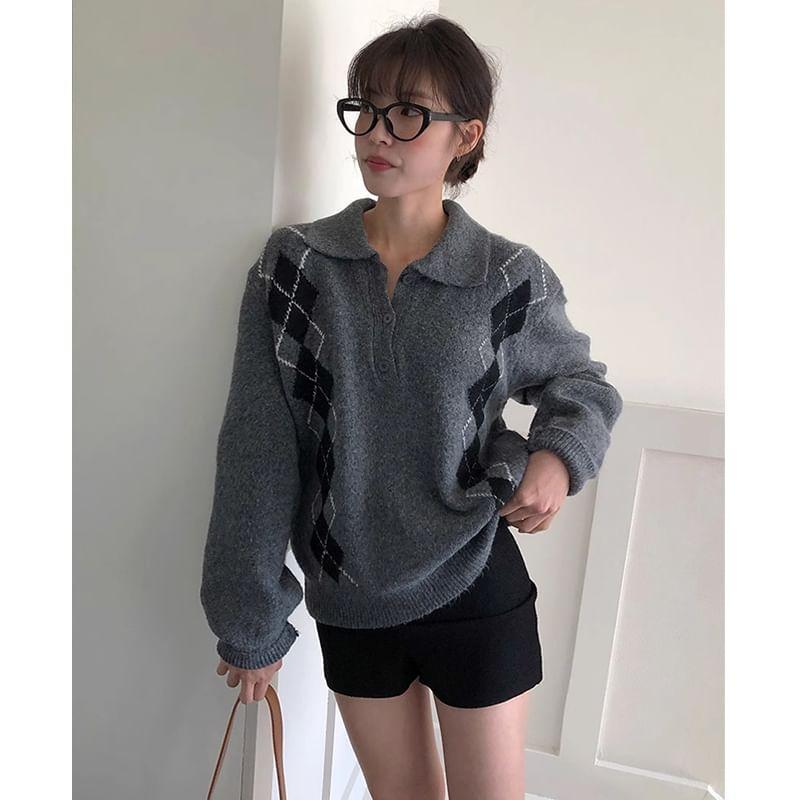 Long-Sleeve Argyle Knit Polo Shirt Product Image