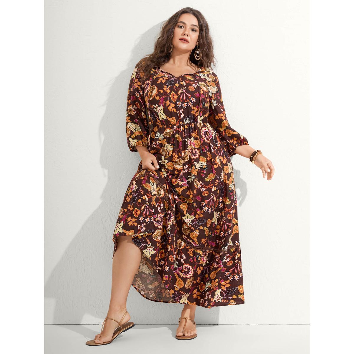 Plus Size Boho Print Stretchy Waist Maxi Dress Browncoffeecolor Women Woven ribbon&lace trim Flat collar with V-notch Elbow-length sleeve Curvy BloomChic 10/M Product Image