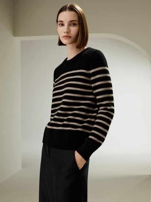 Striped Round Collar Cashmere Sweater Product Image