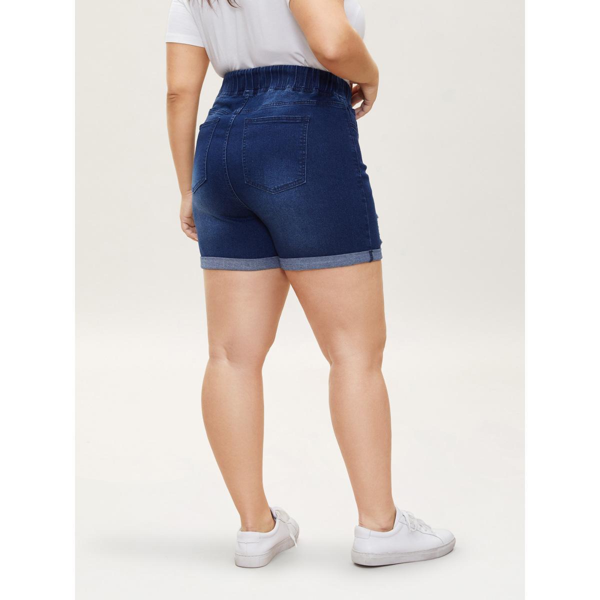 Plus Size Distressed Drawstring Roll Hem Denim Shorts Women Indigo Drawstring High stretch Everyday Slanted pocket Casual Denim Shorts BloomChic 20/2X Product Image