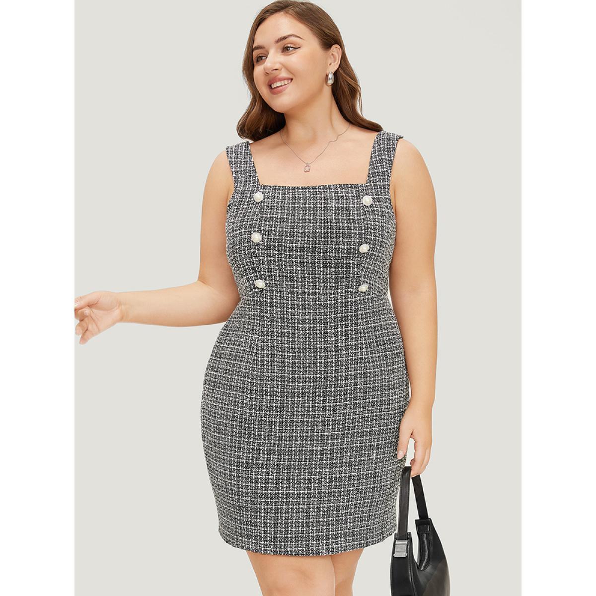 Plus Size Plaid Tweed Zipper Pearl Beaded Tank Dress Black Women Office Zipper Square Neck Sleeveless Curvy Short Dress BloomChic 14-16/1X Product Image
