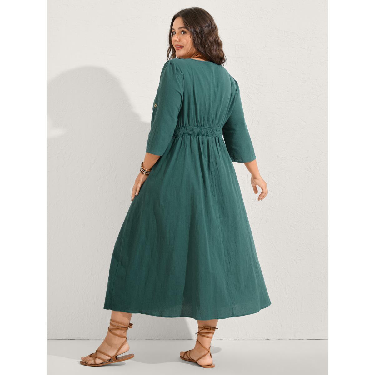 Plus Size Pure Cotton Button Gathered Sleeve Midi Dress Teal Women Gathered V-neck Elbow-length sleeve Curvy BloomChic 30/6X Product Image