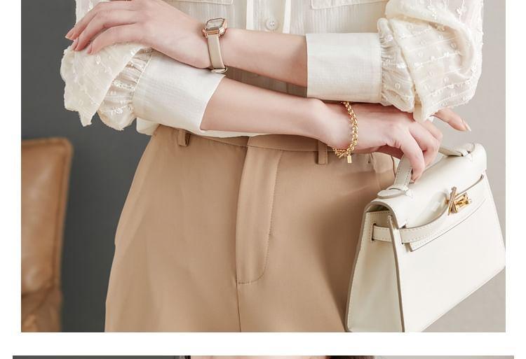 Long-Sleeve Stand Collar Jacquard Frill Trim Tie Front Button-Up Blouse Product Image