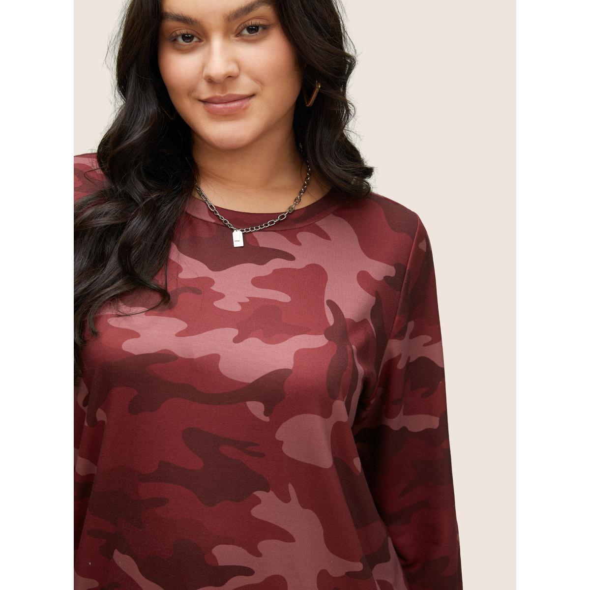 Plus Size Camo Print Crew Neck Sweatshirt Women Russet Casual Contrast Round Neck Everyday Sweatshirts BloomChic 22-24/3X Product Image