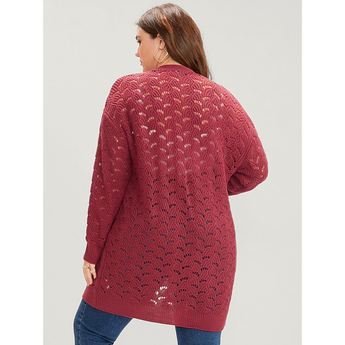 Plus Size Plain Pointelle Knit Cut Out Pocket Open Front Mid Long Cardigan Burgundy Women Casual Loose Long Sleeve Dailywear Cardigans BloomChic 10/M Product Image