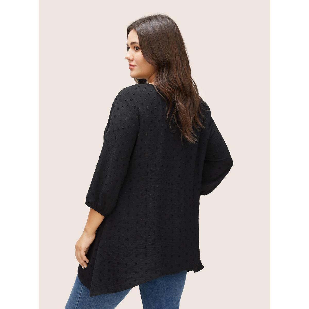 Plus Size Black Texture Drawstring Lantern Sleeve Arc Hem Blouse Women Casual Elbow-length sleeve V-neck Everyday Blouses BloomChic 12/L Product Image