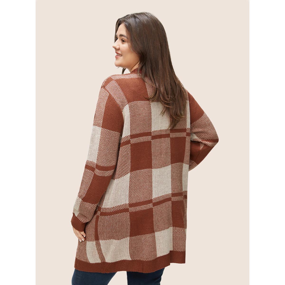 Plus Size Contrast Colorblock Pocket Open Front Cardigan Brown Women Casual Loose Long Sleeve Dailywear Cardigans BloomChic 10/M Product Image