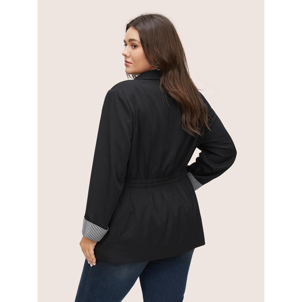 Plus Size Striped Patchwork Drawstring Suit Collar Blazer Black Women Work Striped Non Sleeve Long Sleeve Suit Collar 30/6X Slanted pocket At the Office Blazers BloomChic Product Image