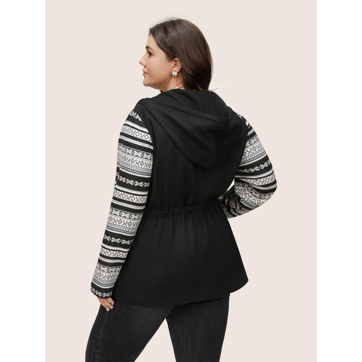 Plus Size Geometric Drawstring Patchwork Hooded Jacket Women Black Non Open pocket with flap Everyday Jackets BloomChic 22-24/3X Product Image