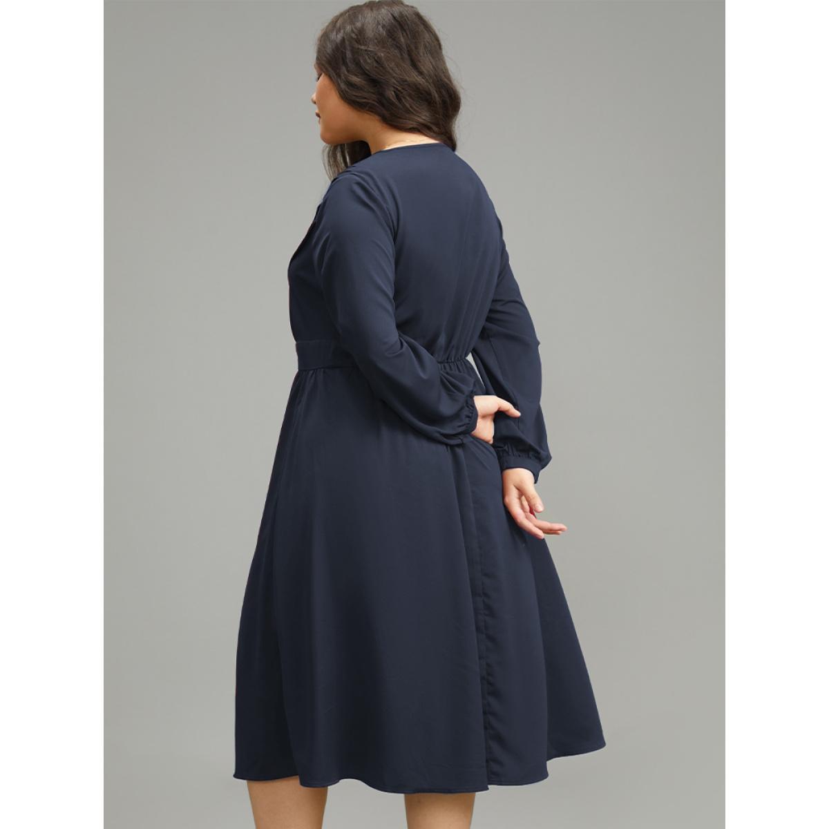 Plus Size Twill Pleated Beaded Long Sleeve Dress Burgundy Women Elegant Plain V-neck Long Sleeve Curvy Midi Dress BloomChic 12/L Product Image