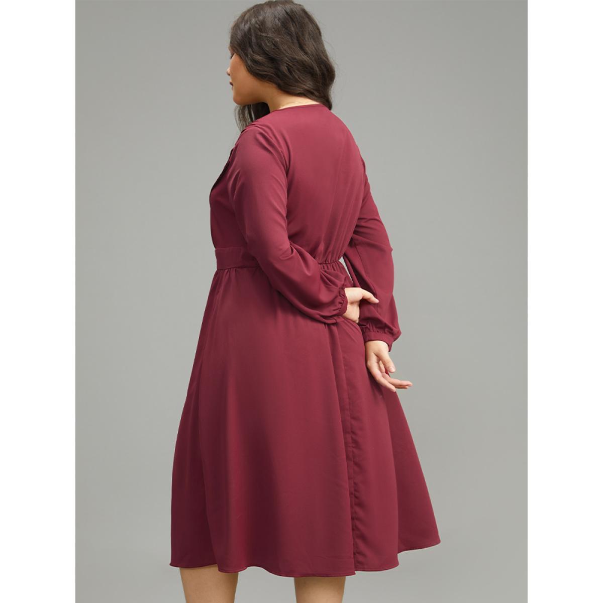 Plus Size Twill Pleated Beaded Long Sleeve Dress Burgundy Women Elegant Plain V-neck Long Sleeve Curvy Midi Dress BloomChic 10/M Product Image
