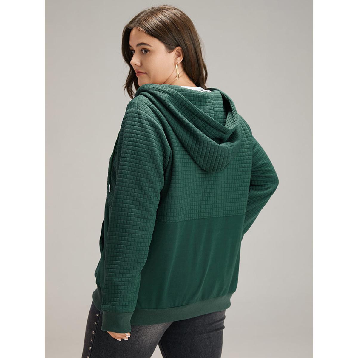 Plus Size Plain Texture Pocket Zipper, Sweatshirt Women DarkGreen Casual Elastic cuffs Hooded Dailywear Sweatshirts BloomChic 18-20/2X Product Image