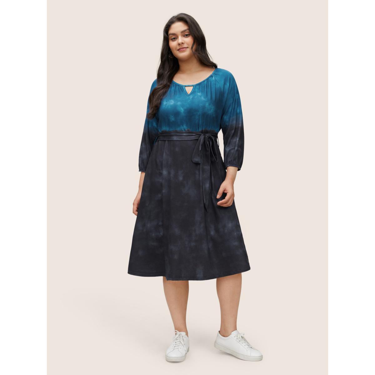 Plus Size Tie Dye Cut Out Belted Elastic Cuffs Dress DarkBlue Women Casual Non Notched collar Elbow-length sleeve Curvy Midi Dress BloomChic 14-16/1X Product Image