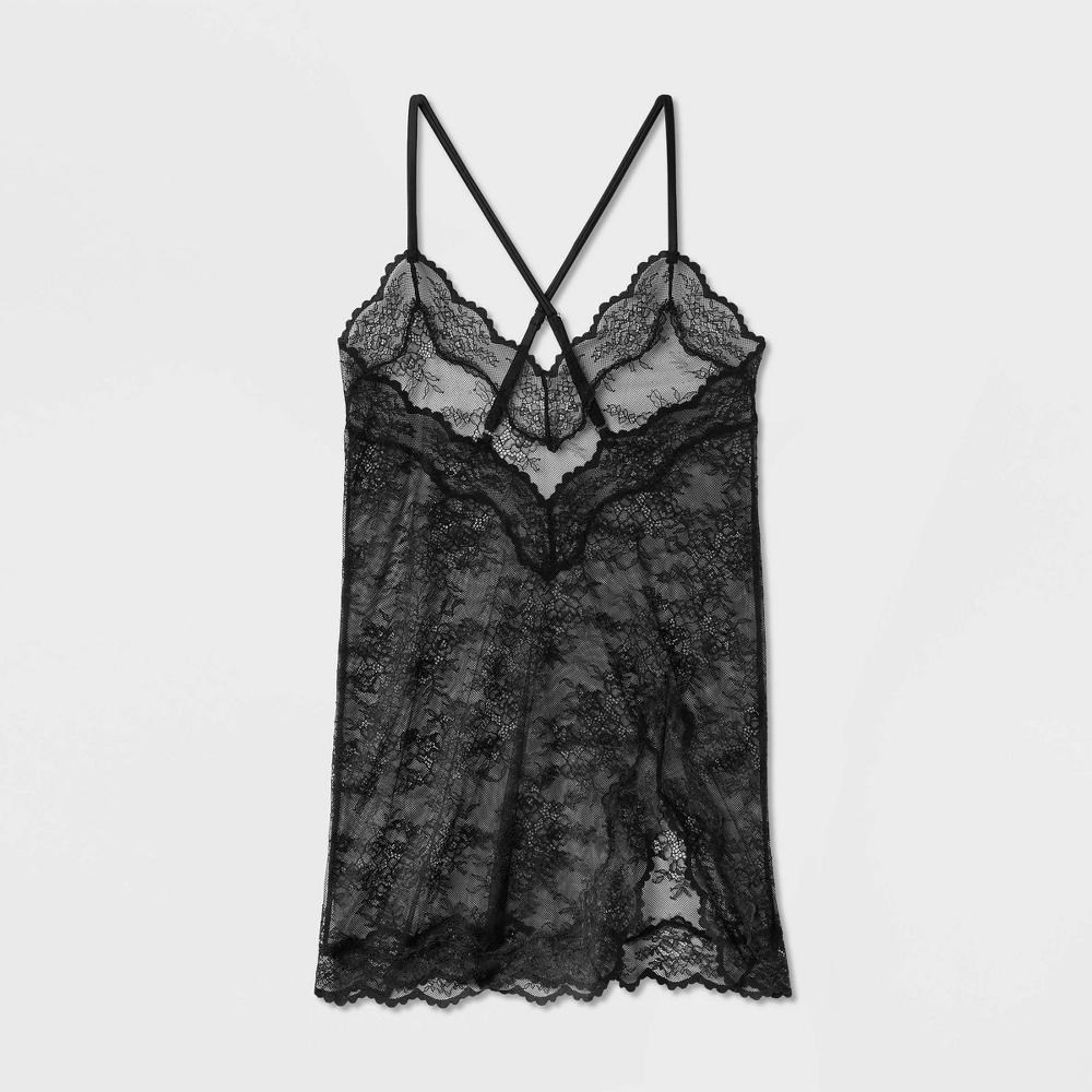 Women's Allover Lace Lingerie Slip Dress - Auden™ Black S: V Back, Adjustable Strap, Above Knee Length Product Image