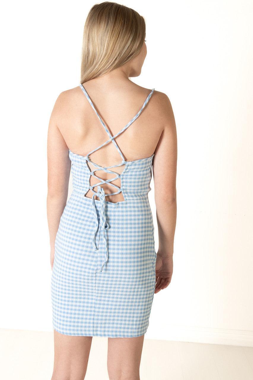 Blue Gingham Lace Up Back Mini Dress Product Image