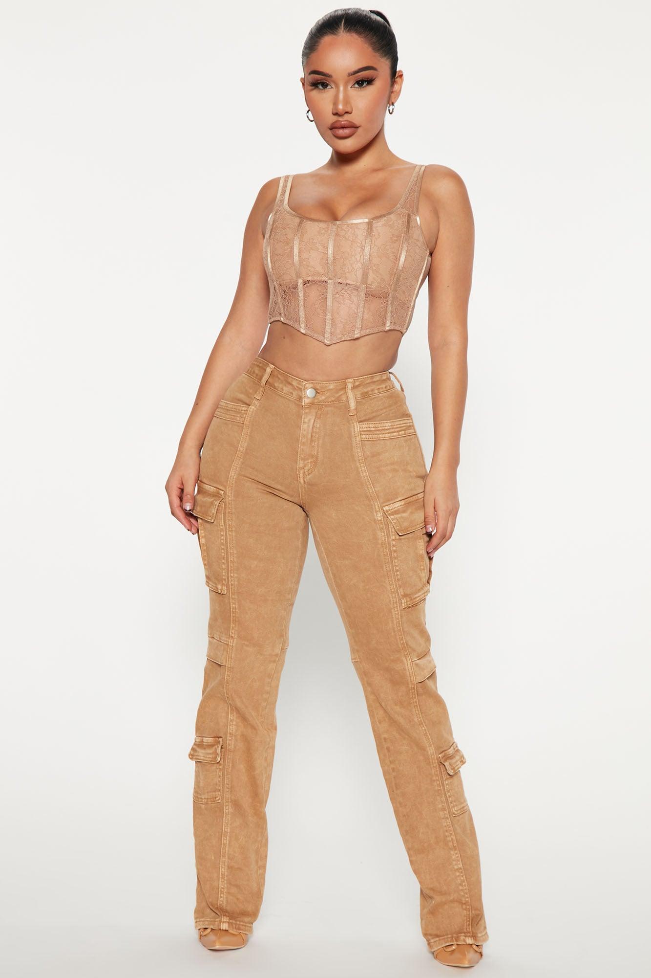Main Squeeze Mid Rise Straight Leg Cargo Jeans - Khaki Product Image