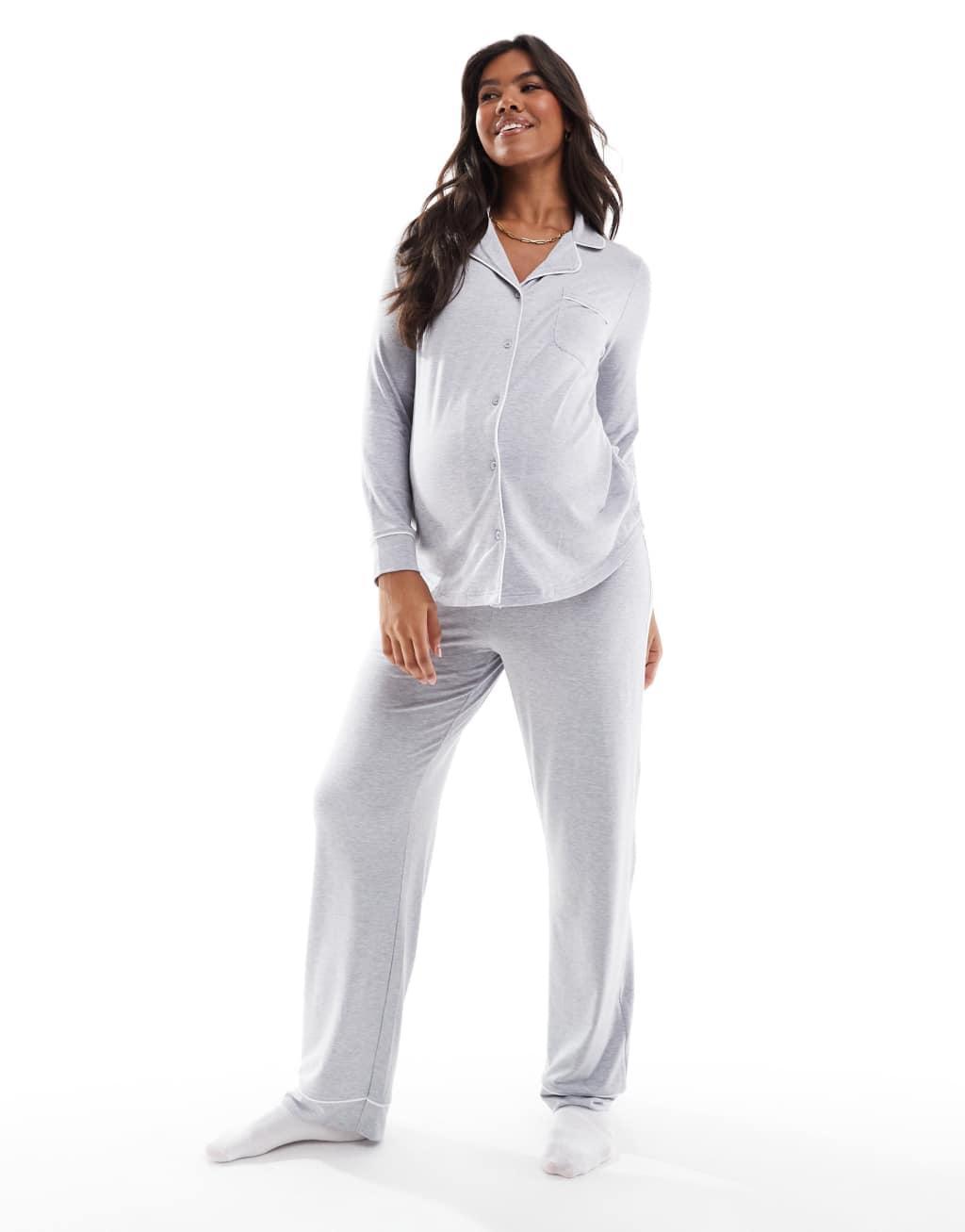 ASOS DESIGN Maternity super soft long sleeve shirt & pants pajama set with contrast piping in gray heather Product Image
