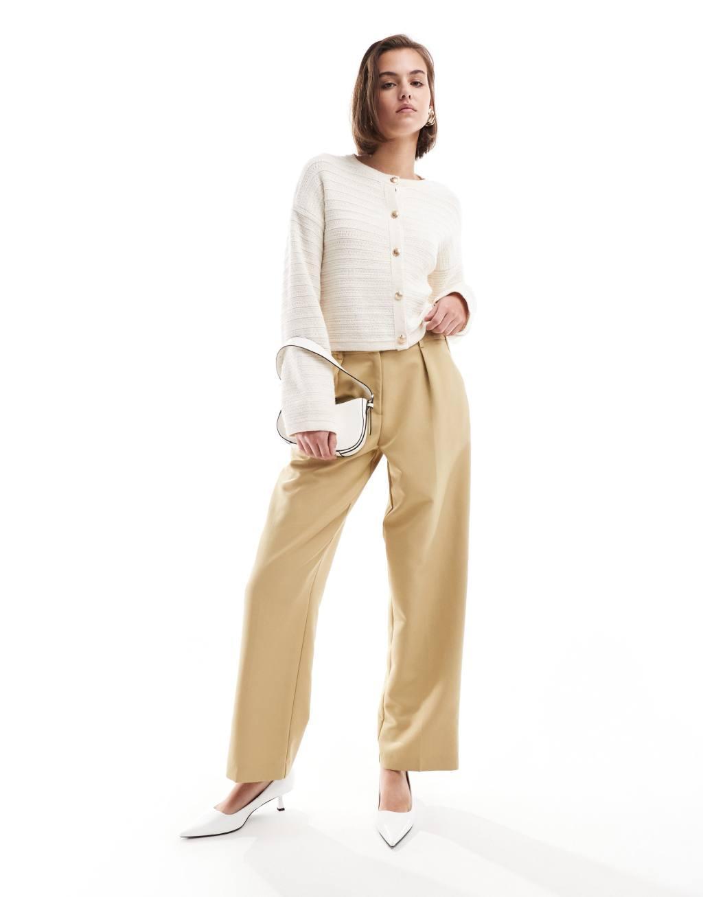 ASOS DESIGN knit crew neck cardigan in textured stitch with gold buttons in dream Product Image
