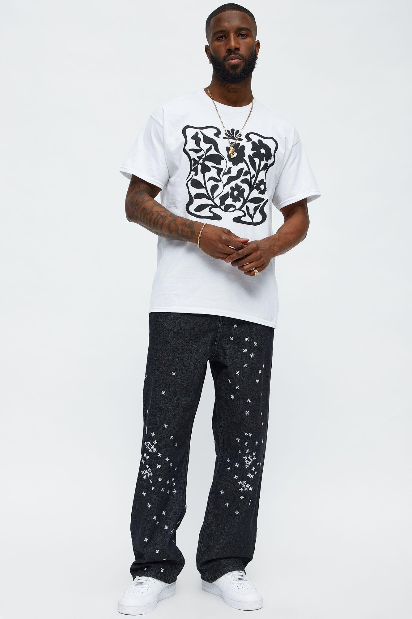 Baggy Embroidered Crosses Jeans - Black Male Product Image