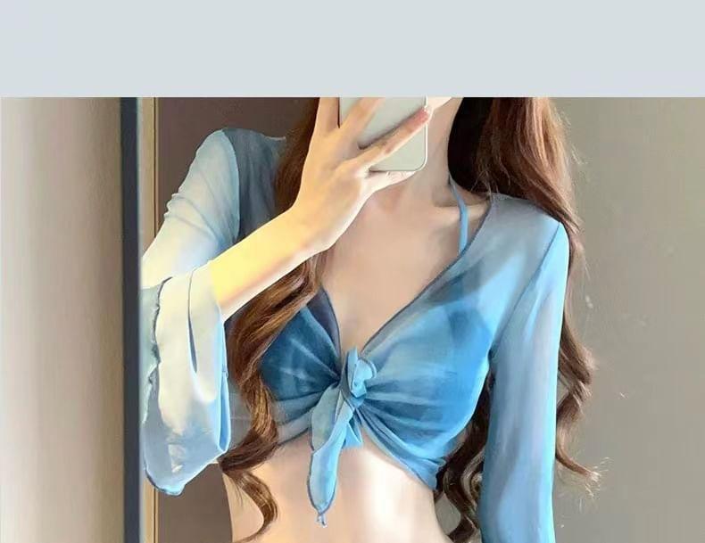 Set: Halter Tie Dye Bikini Top + Bikini Bottom + Flared-Sleeve Crop Top + Drawstring Swim Skirt Product Image