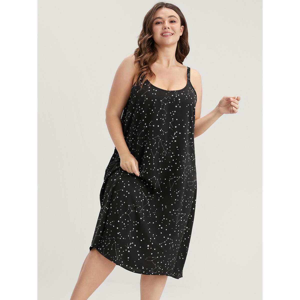 Plus Size Star Print Sleeveless Cami Night Dress Women Black Elegant Moon and Star Printed Spaghetti Strap Loungewear BloomChic 12/L Product Image