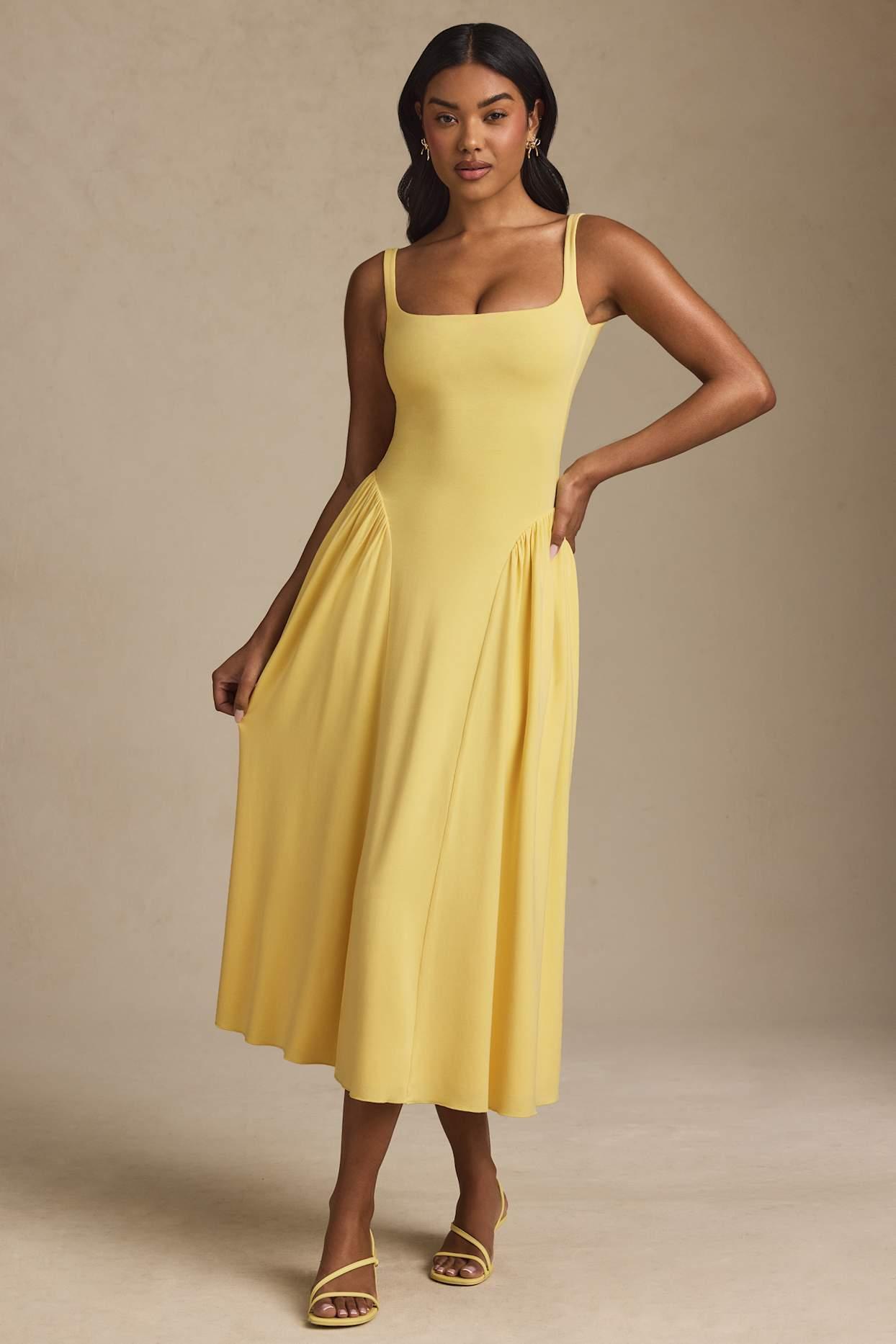 Low-Back A-Line Midaxi Dress in Pastel Yellow Product Image
